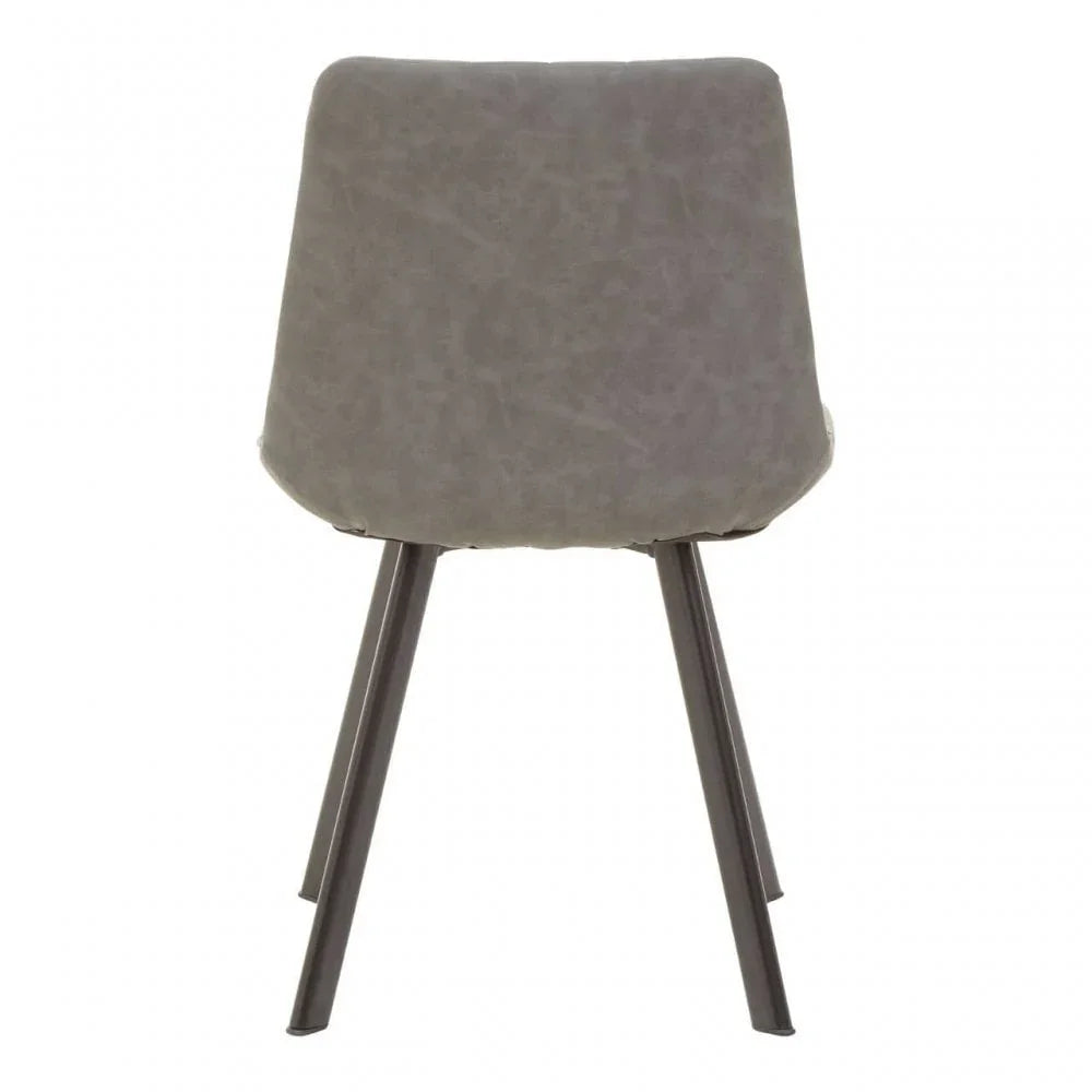 Grey upholstered dining chair with black metal legs, rear view