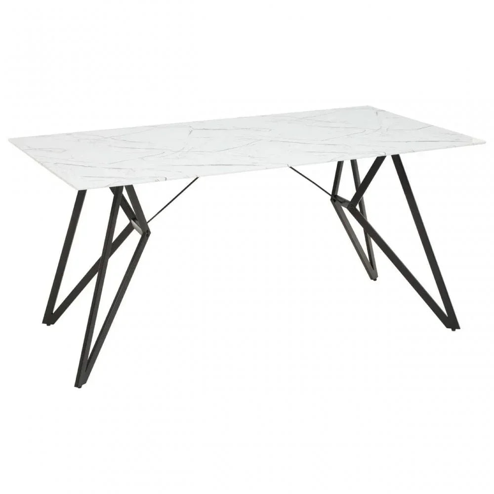 Rectangular dining table with white marble-effect top and angular black metal legs