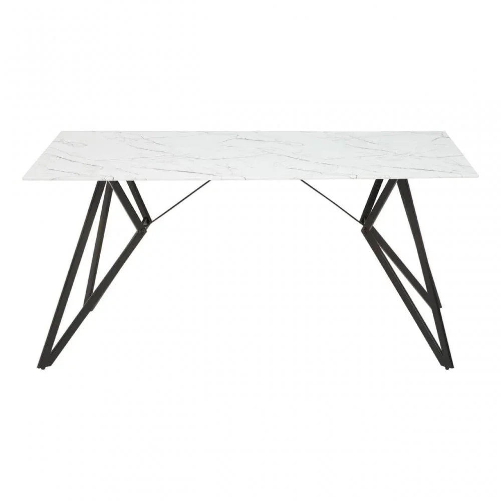 Modern dining table with white marble-effect top and black geometric metal legs