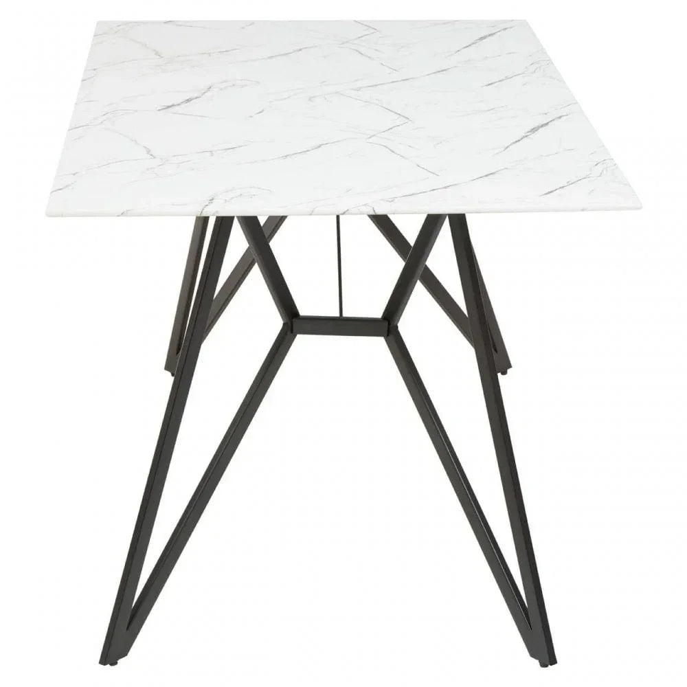 Square marble effect dining table with black metal legs, front angled view