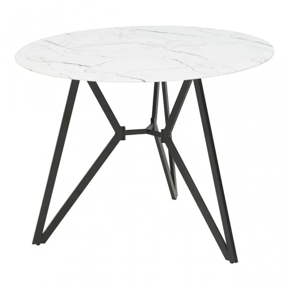 Round dining table with white marble effect top and black metal legs