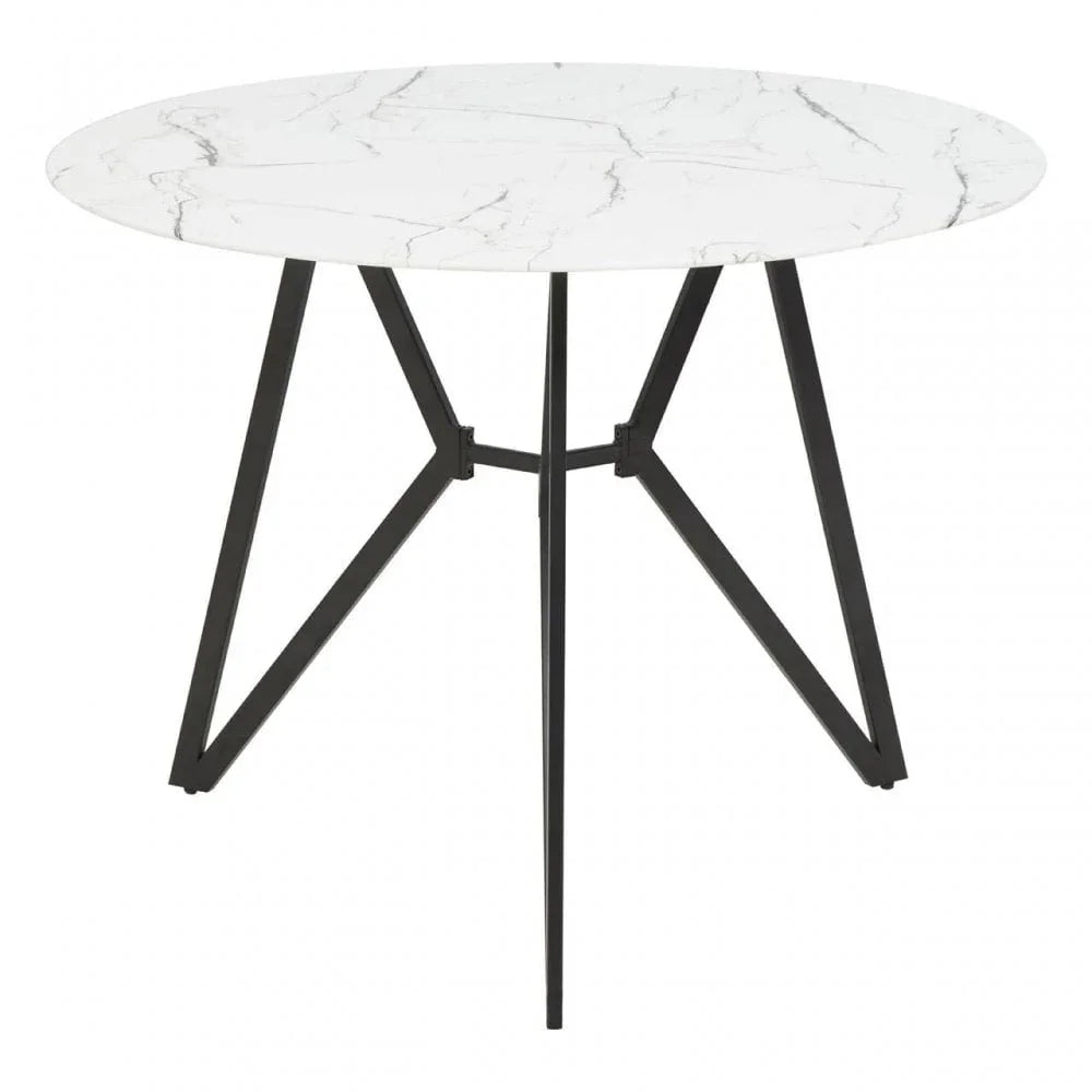 Round dining table with white marble effect top and black metal legs