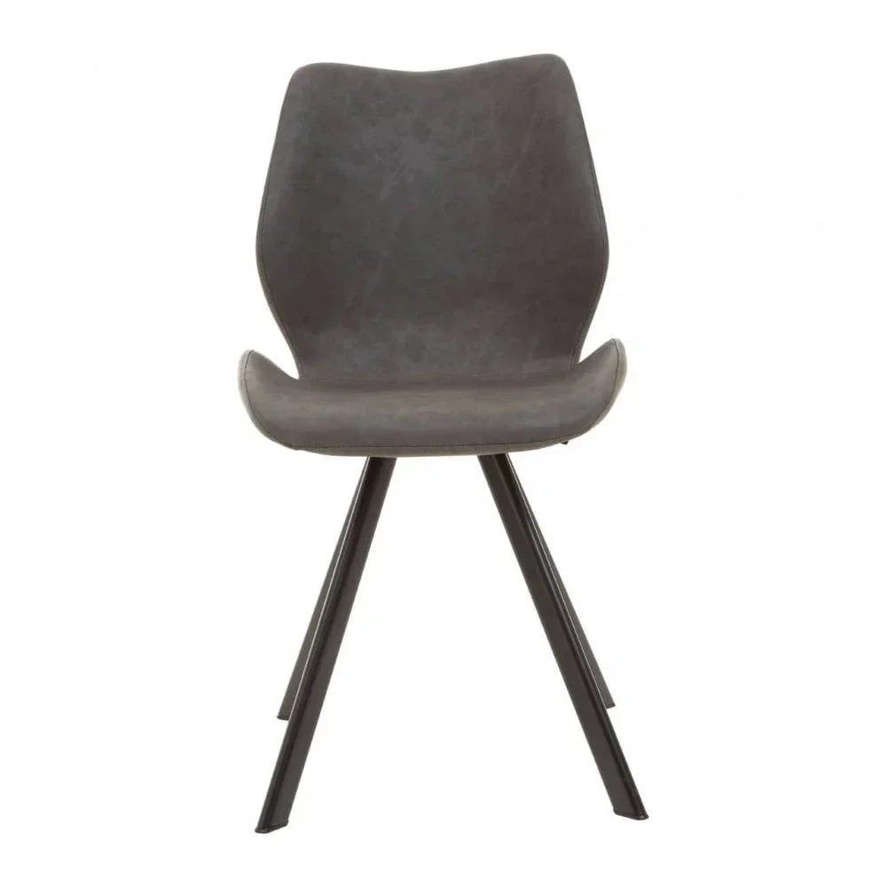 Grey dining chair with curved seat and black angled metal legs, front view