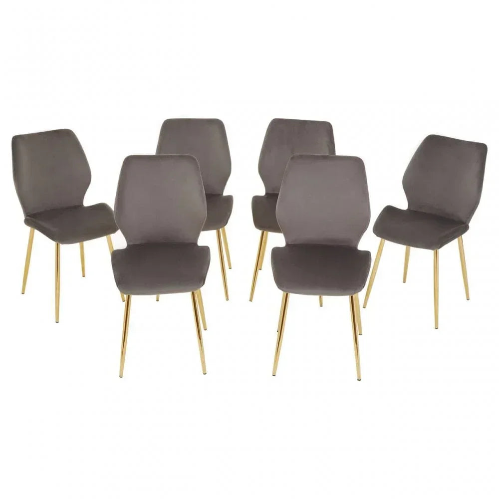 Set of six grey velvet dining chairs with gold metal legs, modern style