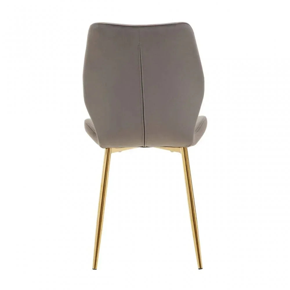 Modern dining chair in taupe upholstery with gold metal legs, rear view