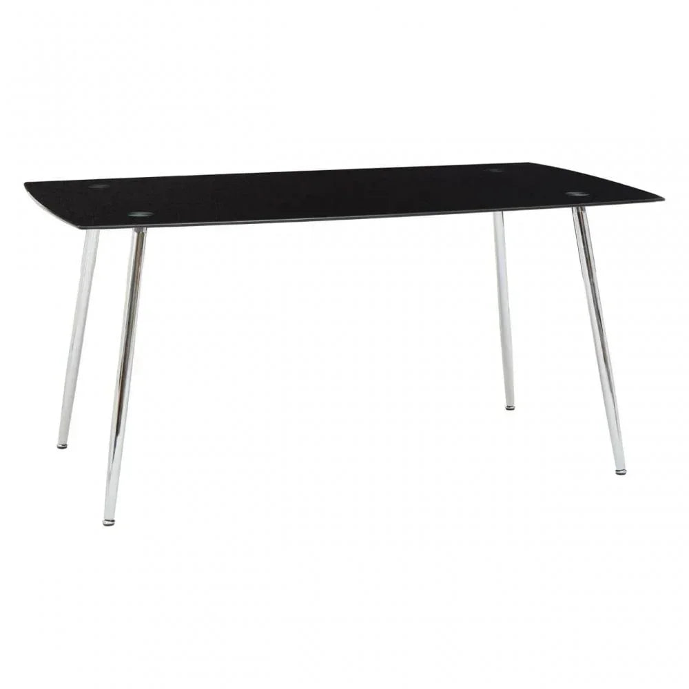 Rectangular black glass dining table with chrome legs, shown from a front angle