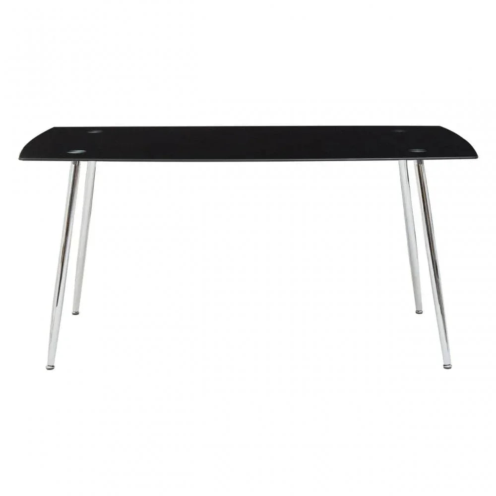 Black glass dining table with chrome legs, rectangular shape, modern minimalist design