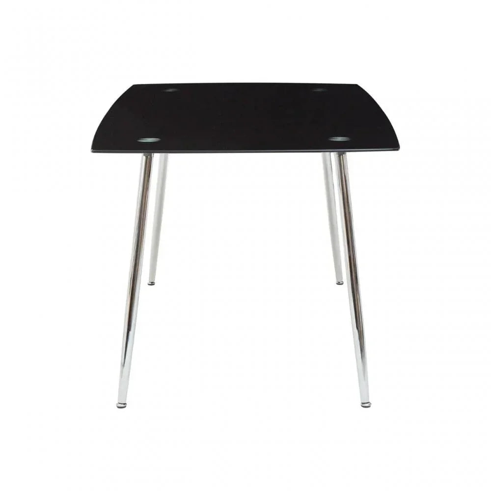 Square black glass dining table with chrome legs, front view