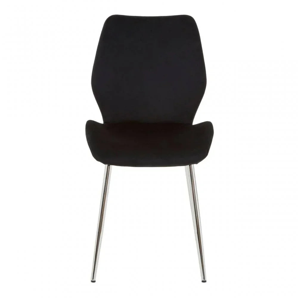 Black dining chair with metal legs and curved padded seat front view