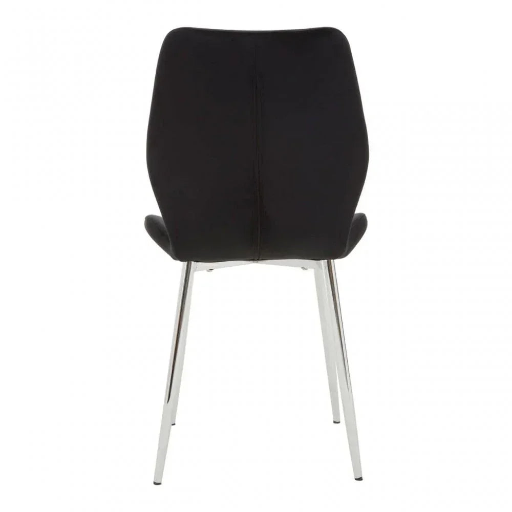 Black dining chair with chrome legs, rear view showing curved padded backrest