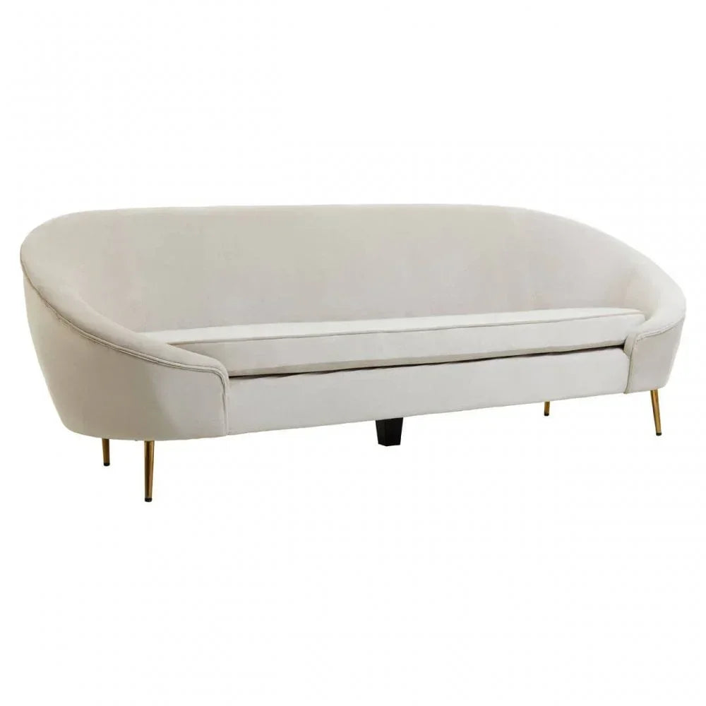 Modern cream fabric sofa with curved backrest and slim gold metal legs