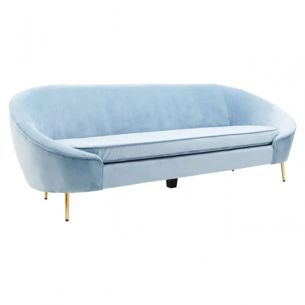Light blue velvet sofa with curved backrest and gold metal legs