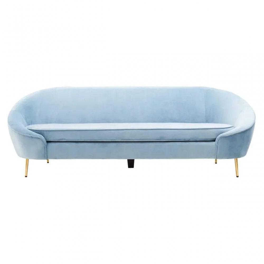 Light blue velvet sofa with gold legs and curved armrests, front view