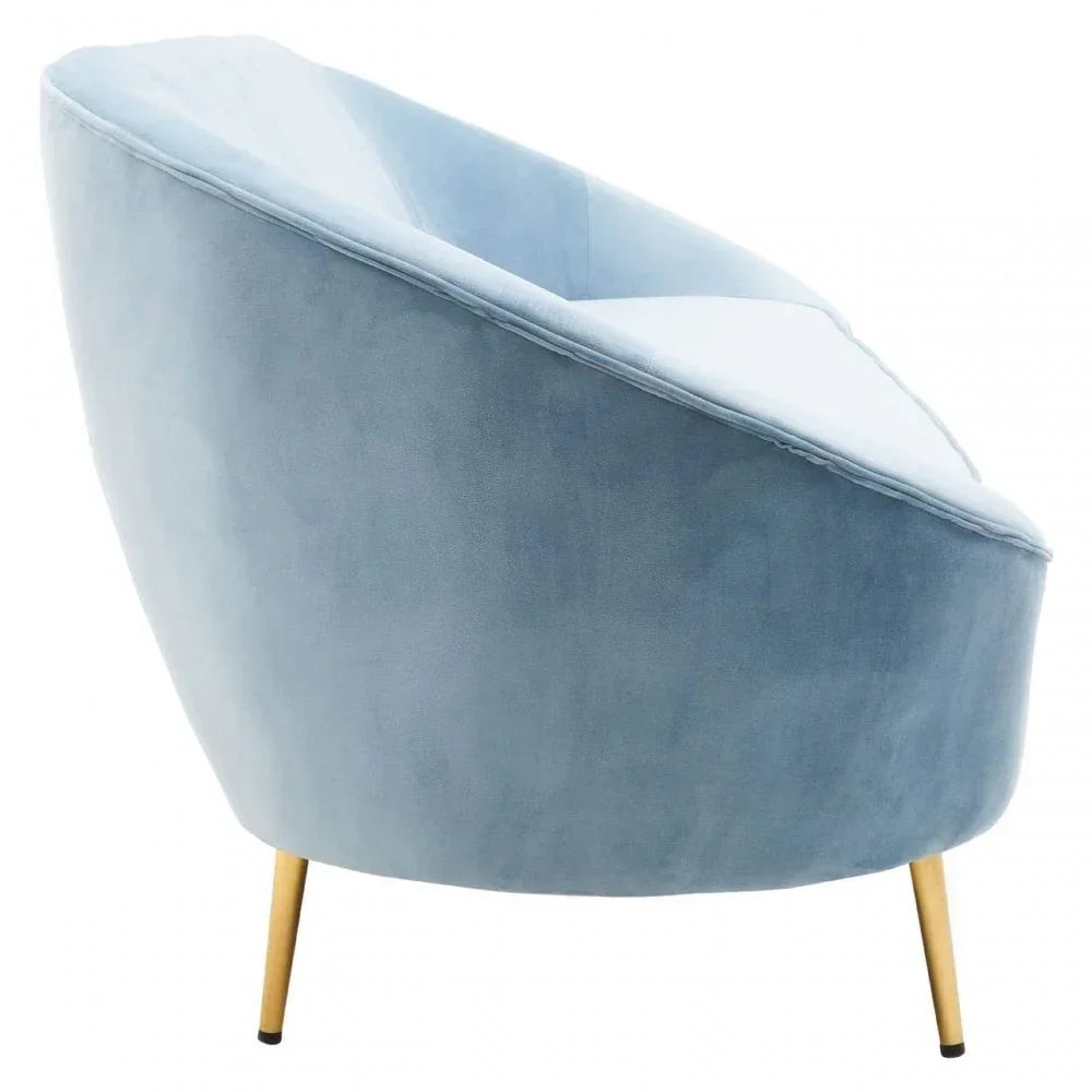 Light blue velvet accent chair with gold metal legs, side view