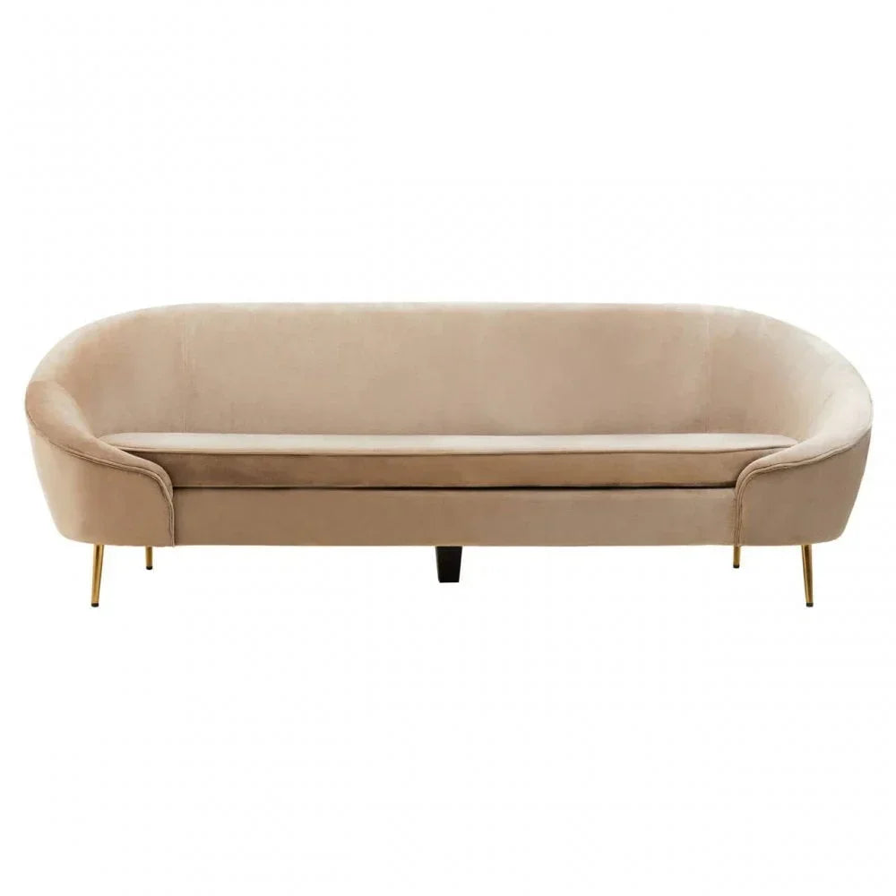Beige velvet sofa with curved backrest and gold metal legs, front view
