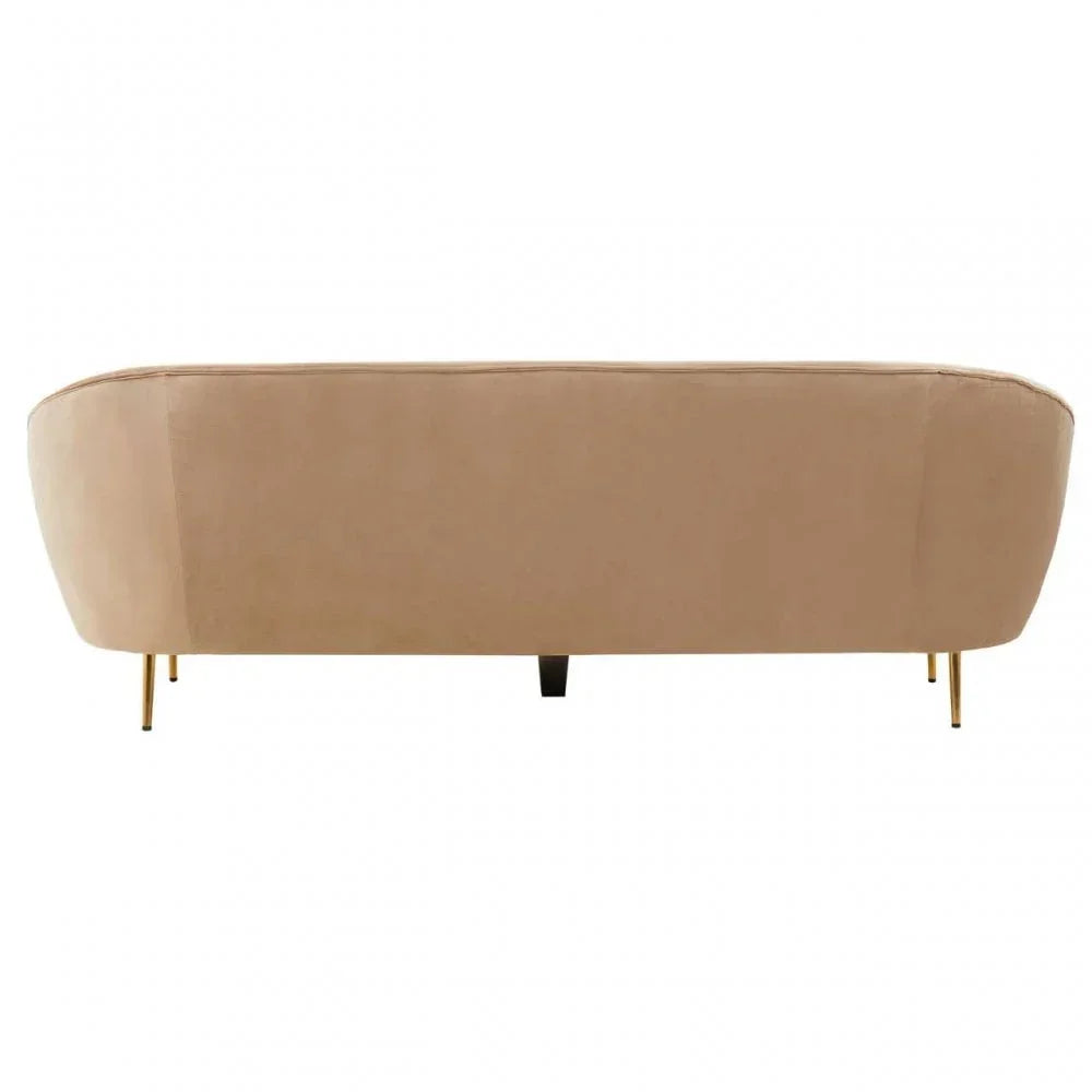Beige velvet sofa rear view with gold metal legs on white background