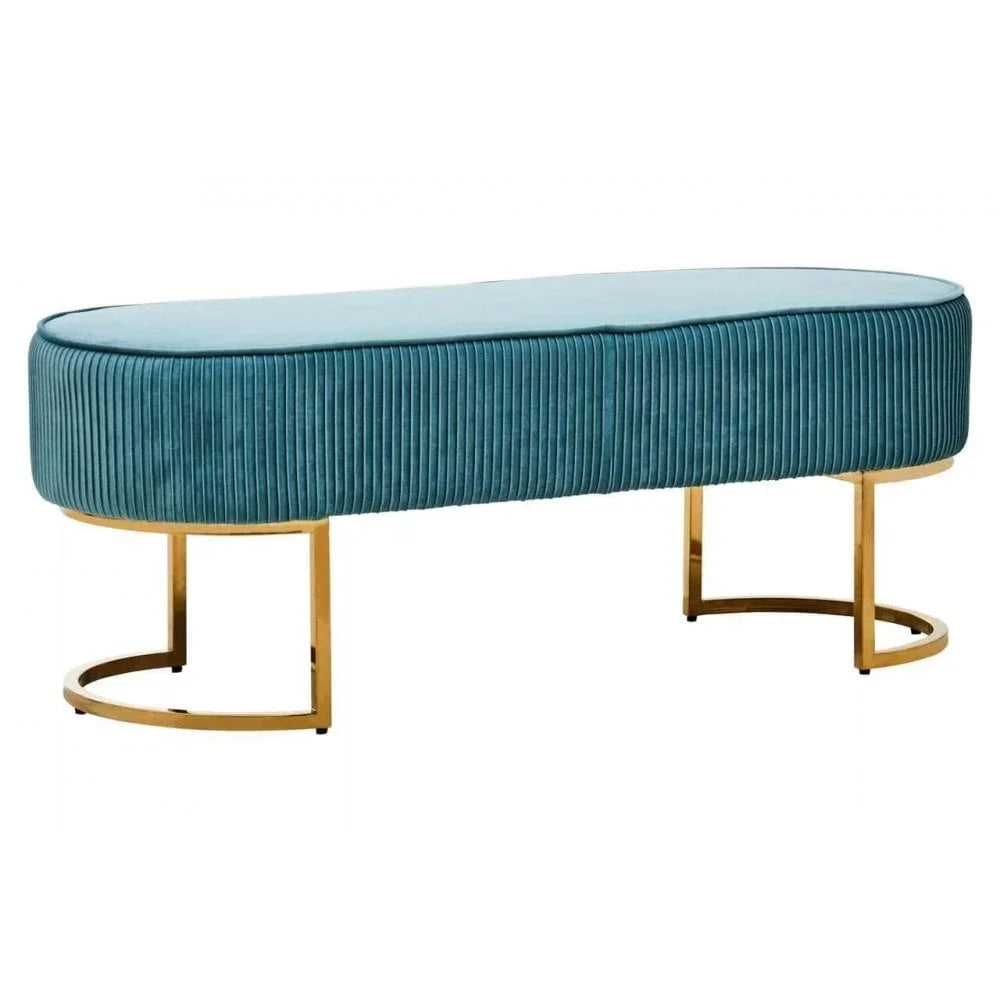 Teal velvet bench with gold metal legs and ribbed upholstery, oval shape, front view