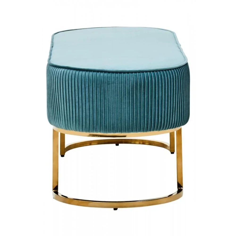 Teal velvet ottoman with vertical pleats and gold metal base, front angle view