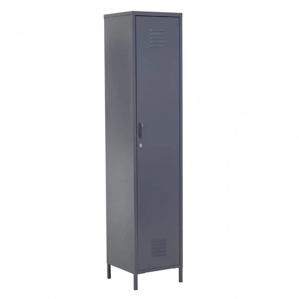 Tall grey metal storage locker with single door and ventilation slots