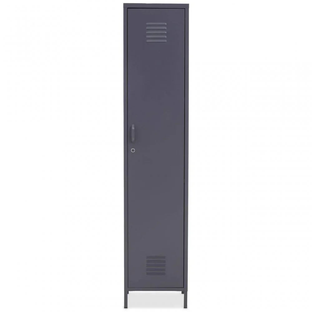 Tall black metal storage locker with vented door and handle, front view
