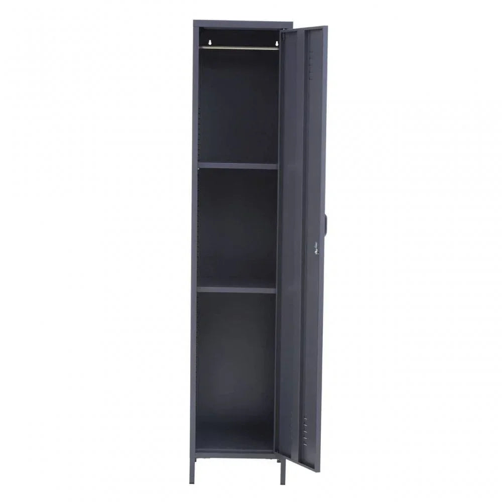 Tall black metal storage cabinet with shelves and open door