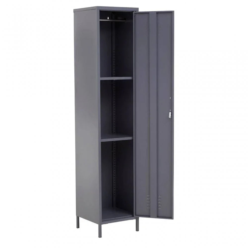 Tall grey metal storage cabinet with open door and three adjustable shelves