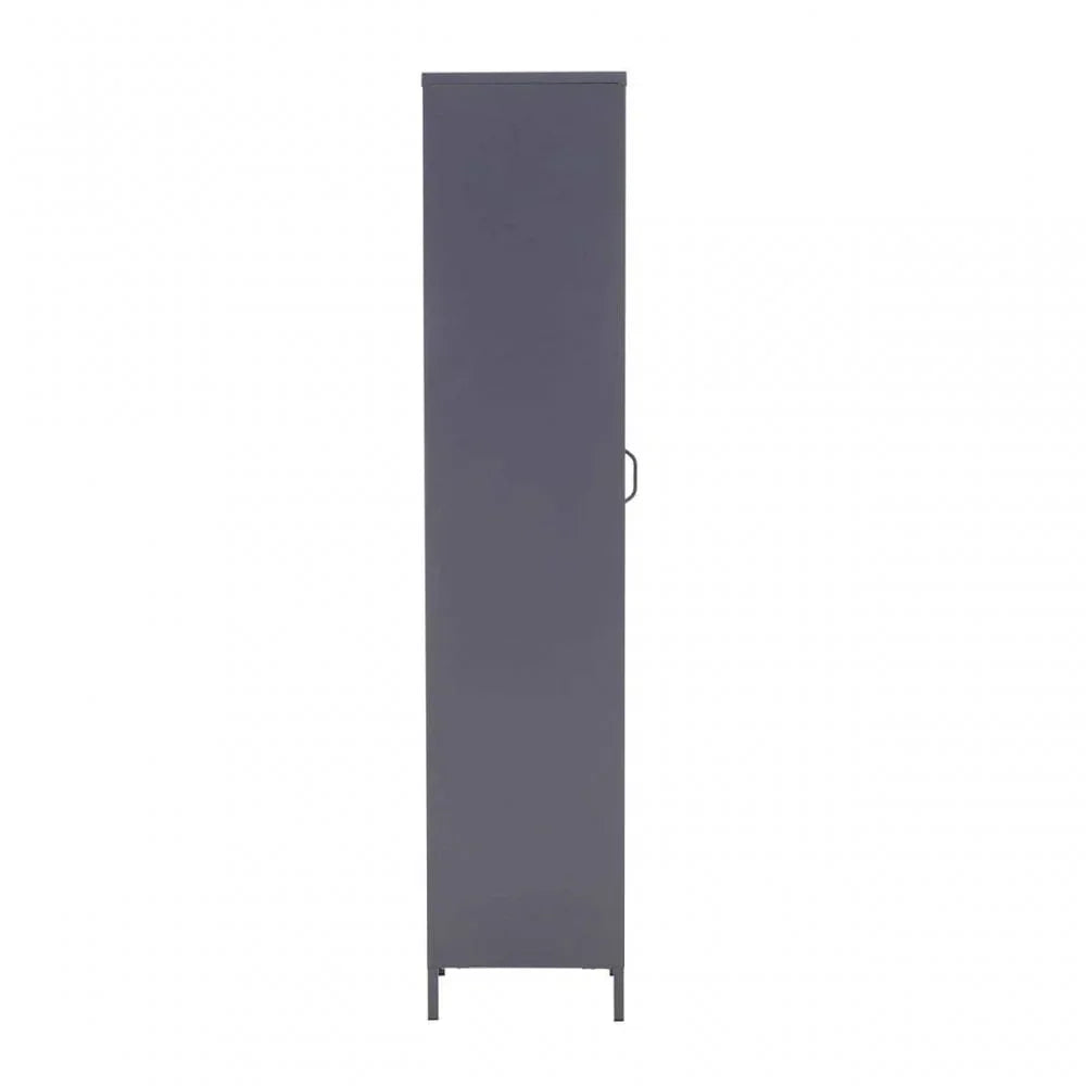 Tall grey metal storage cabinet with single door and slim handle, front view