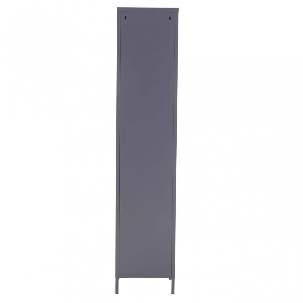 Tall grey metal storage cabinet back view with slim rectangular design