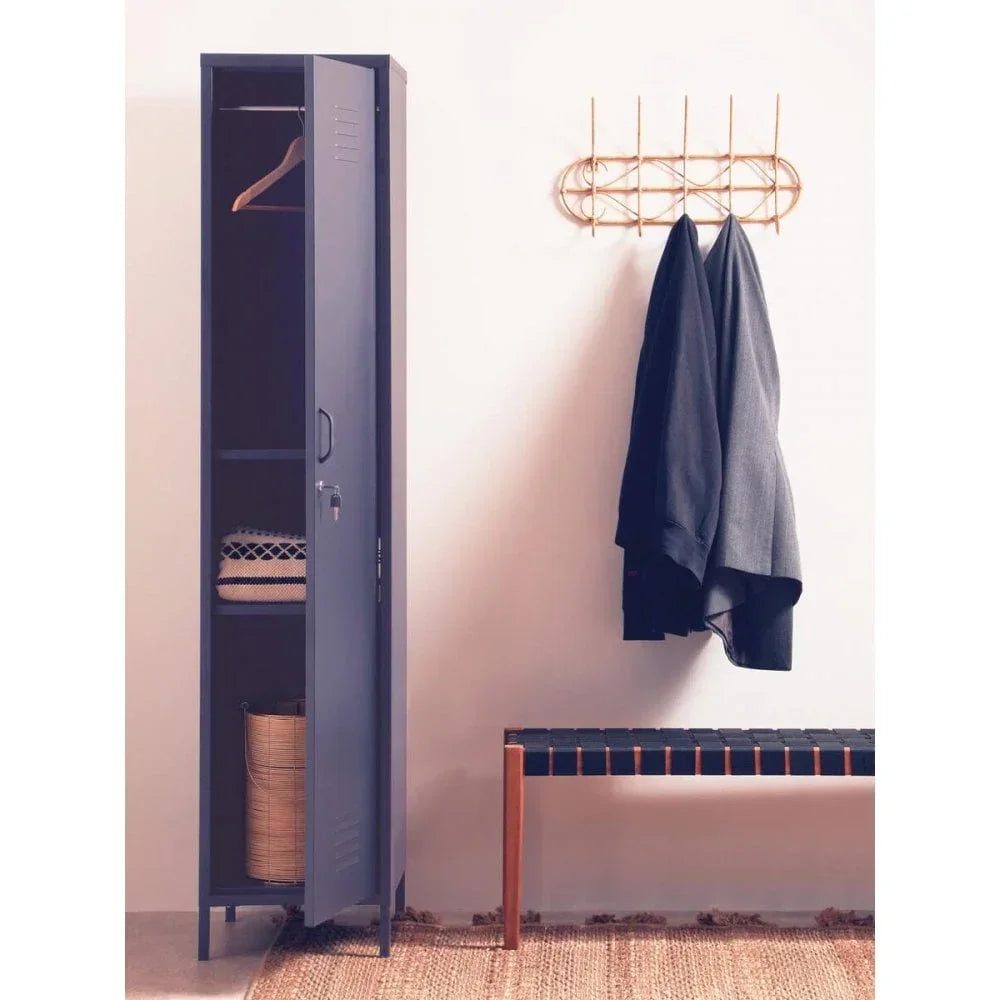 Tall metal storage locker with open door beside bench and coat rack in hallway setting