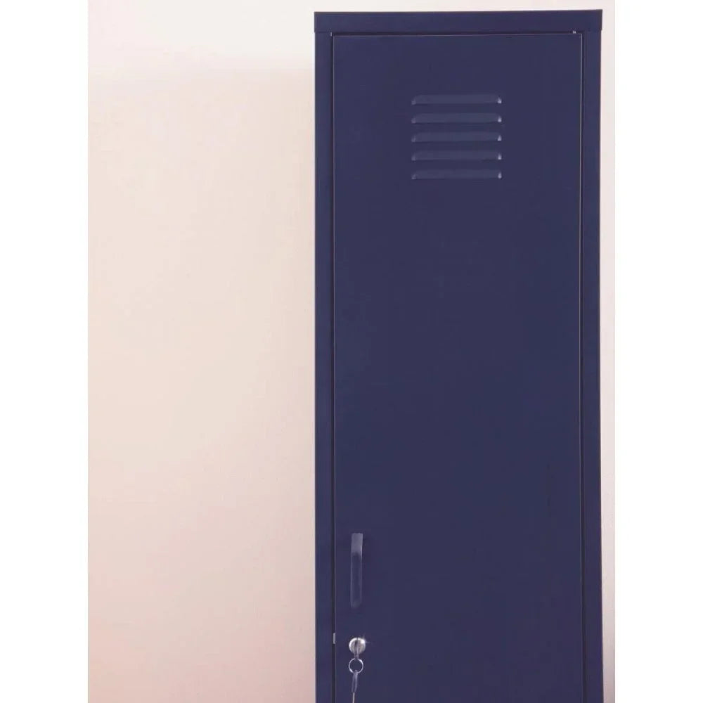 Navy blue metal locker cabinet with vented door and key lock against white wall