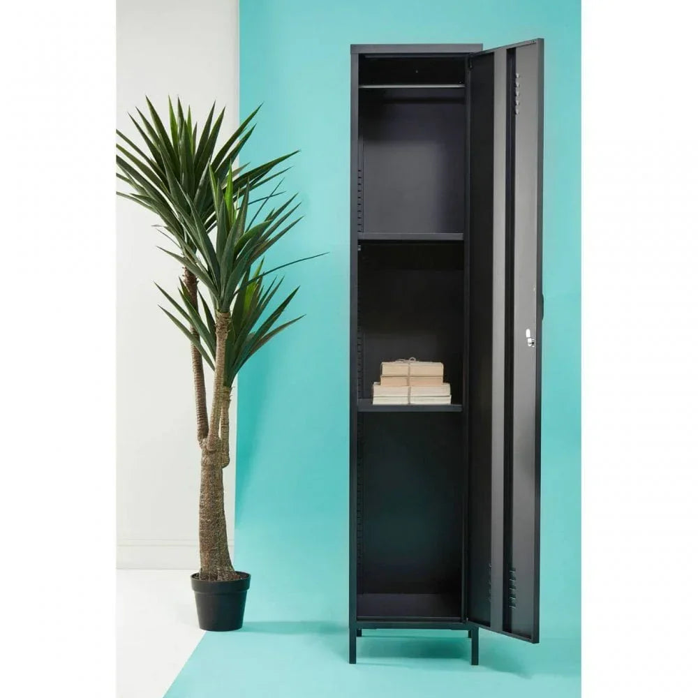 Tall black storage locker with open door and shelves beside a potted plant on blue background