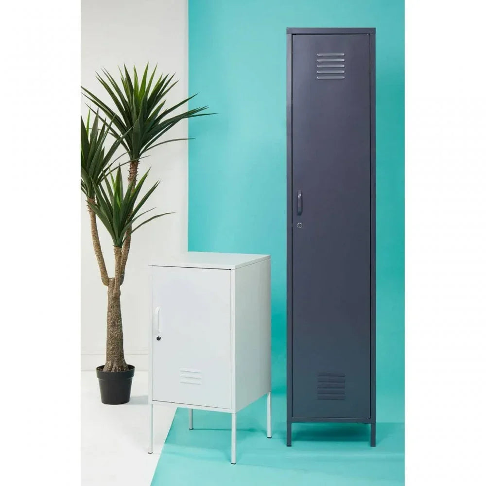 Tall black metal storage locker and small white cabinet beside indoor plant