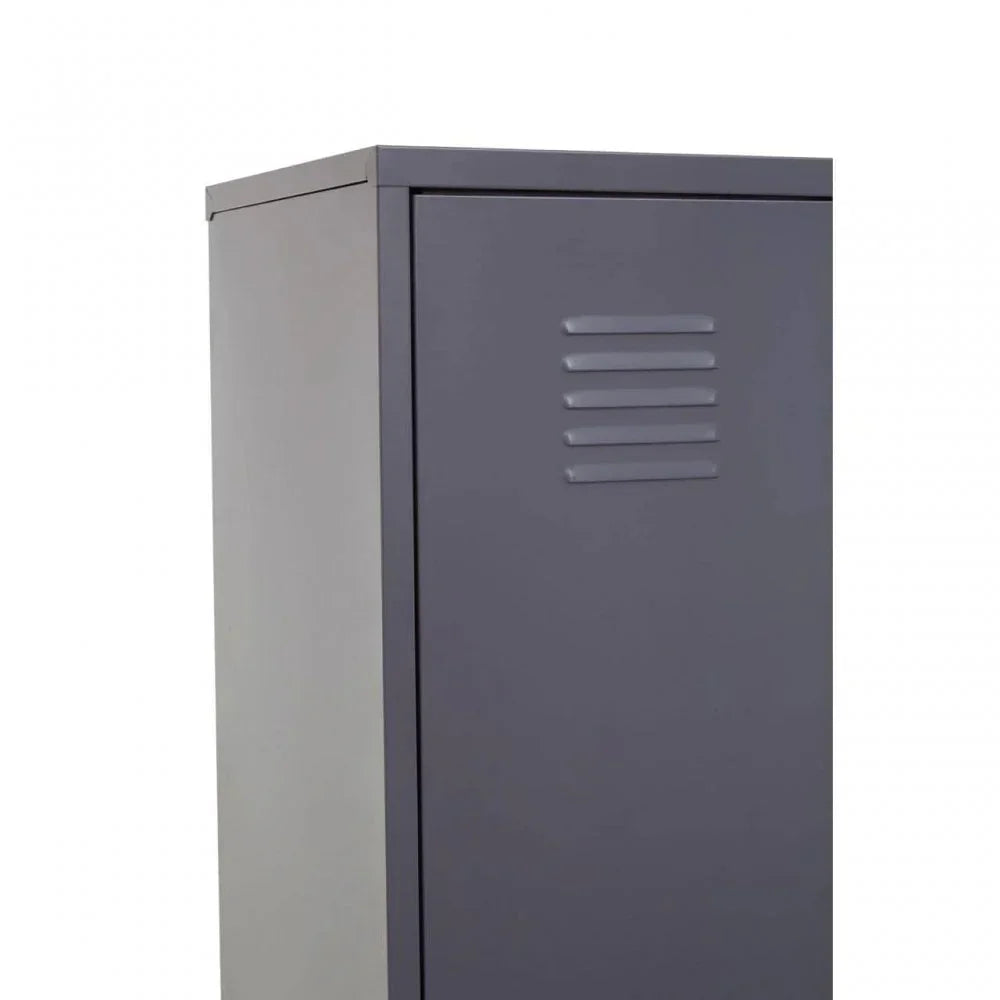 Grey metal storage cabinet with vented door, close-up front side view