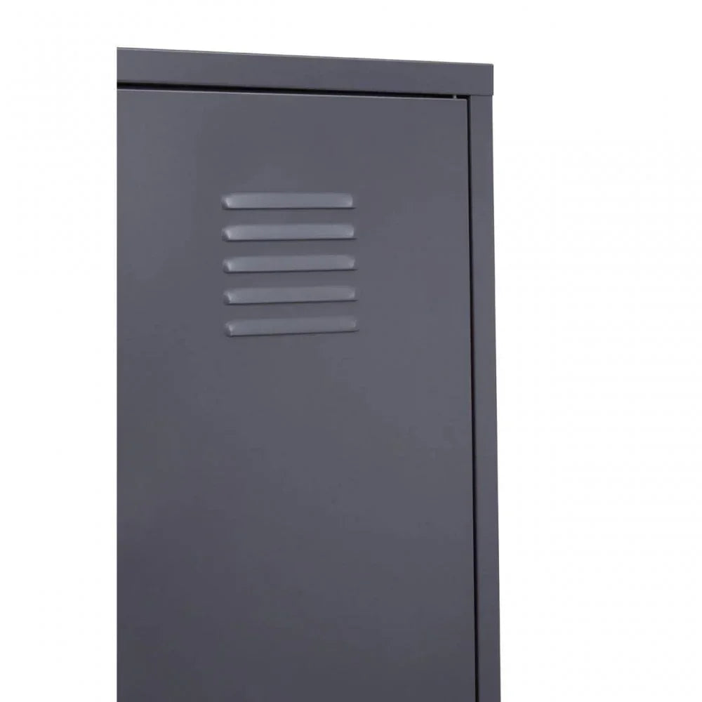 Close up of grey metal locker cabinet door with ventilation slots