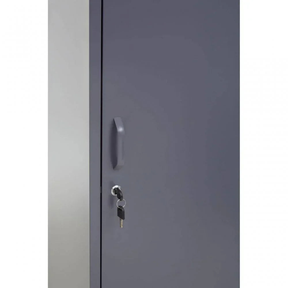 Grey metal storage cabinet door with handle and locking keys visible in lock