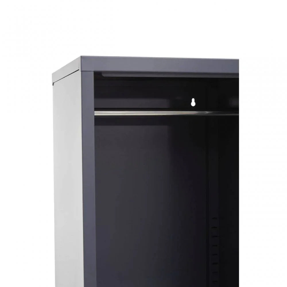 Metal wardrobe top section with hanging rail and dark grey interior