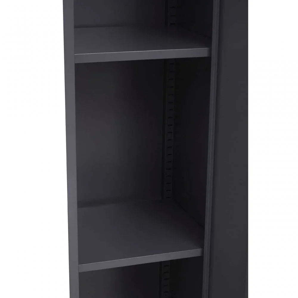 Black metal shelving unit with adjustable shelves, close-up view of the storage furniture