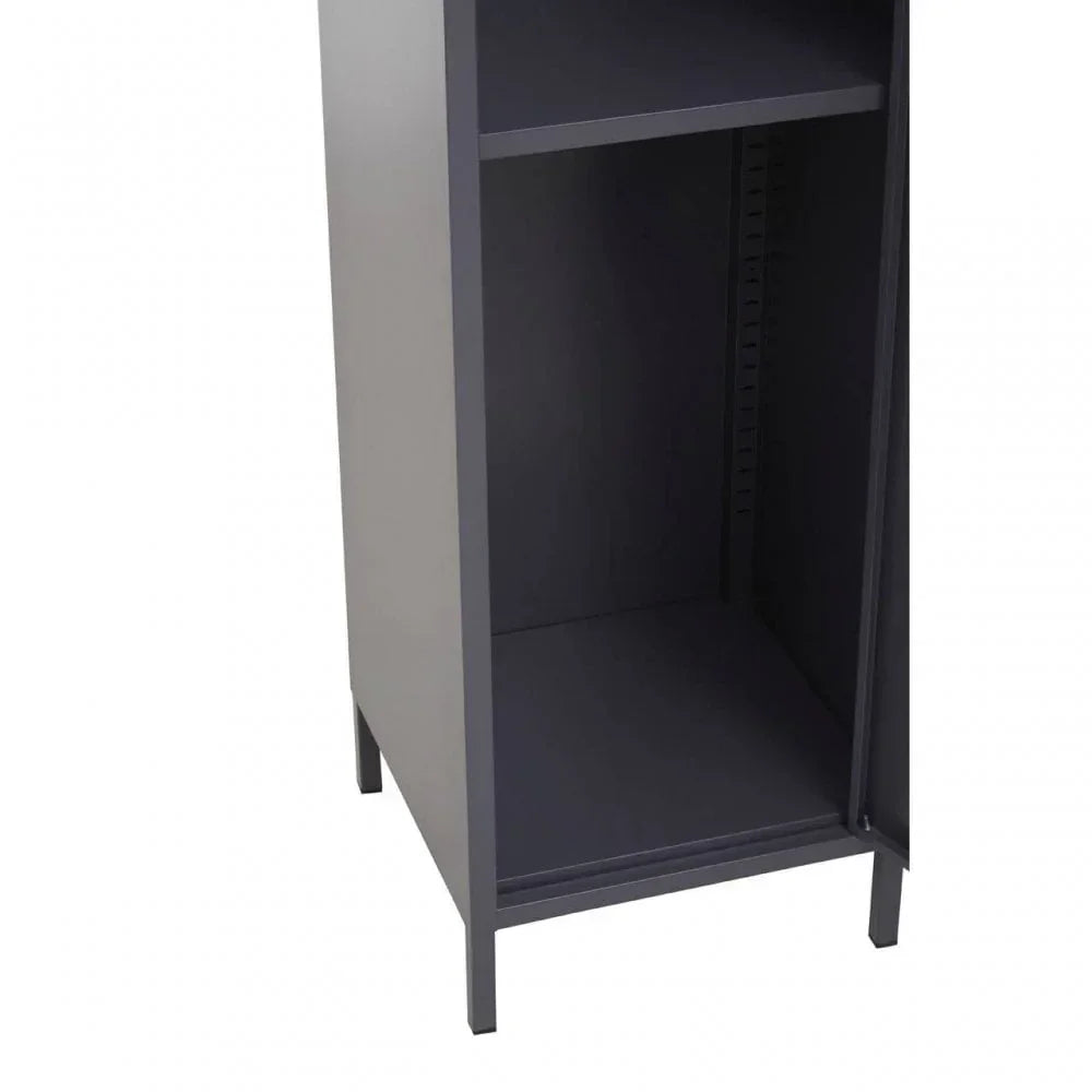 Grey metal storage cabinet with open adjustable shelf and legs, viewed from the front angle