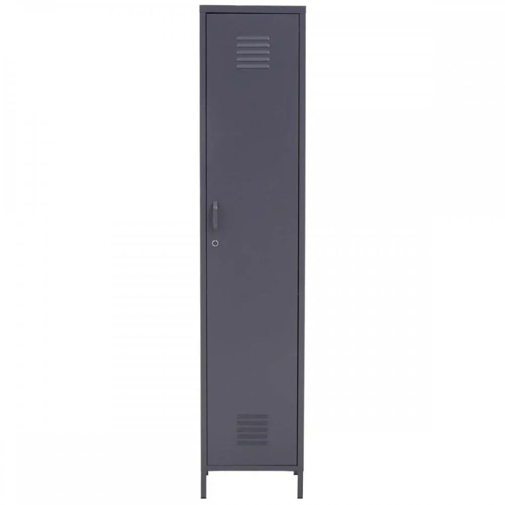 Tall grey metal storage locker with single door and ventilation slots front view