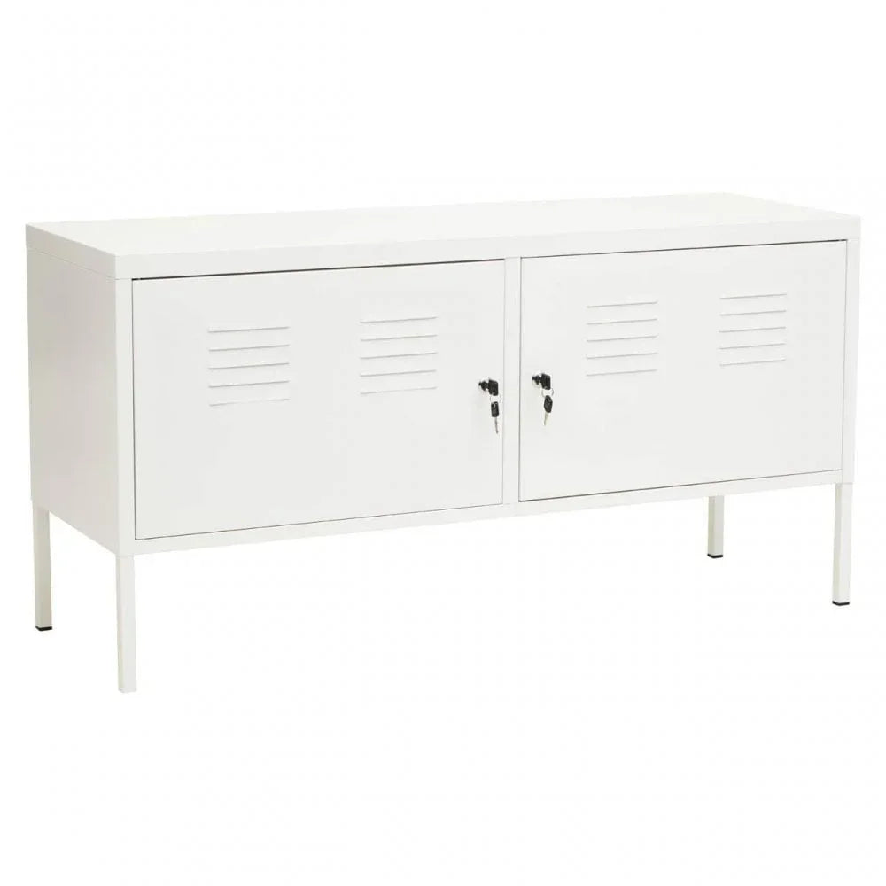 White metal storage sideboard with lockable double doors and ventilation slats
