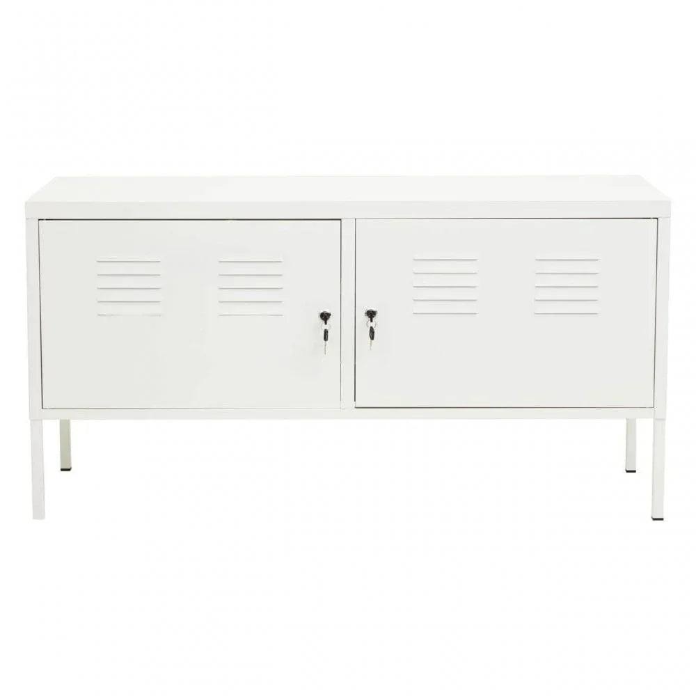White metal storage sideboard with two vented doors and lockable handles