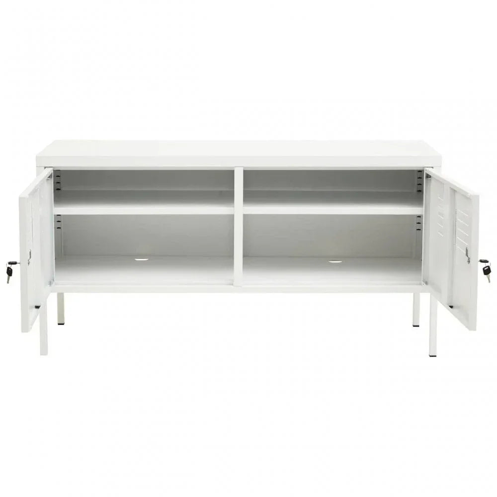 White metal storage cabinet with two doors open and adjustable internal shelves