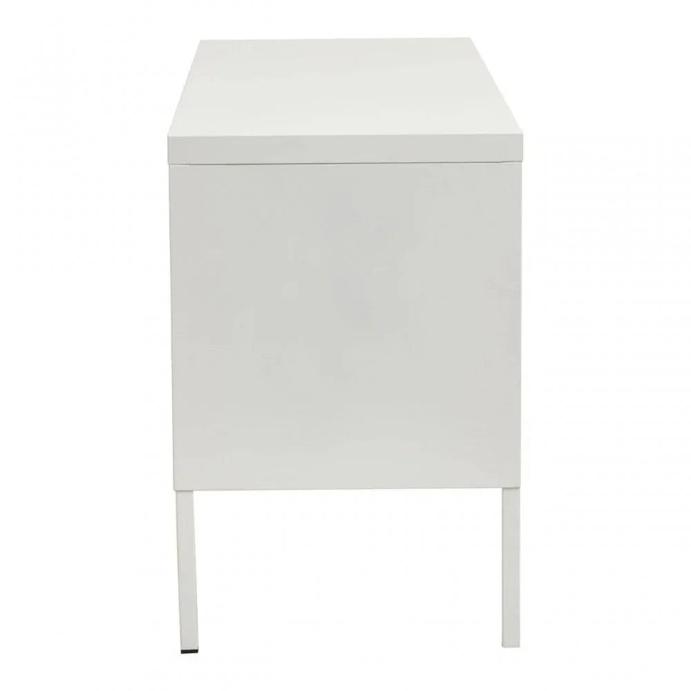 Side view of white storage unit with metal legs on white background