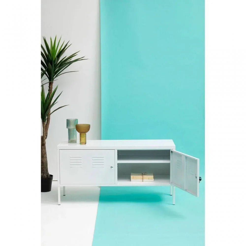 White metal sideboard with open locker door, shelves, and modern decor against aqua backdrop