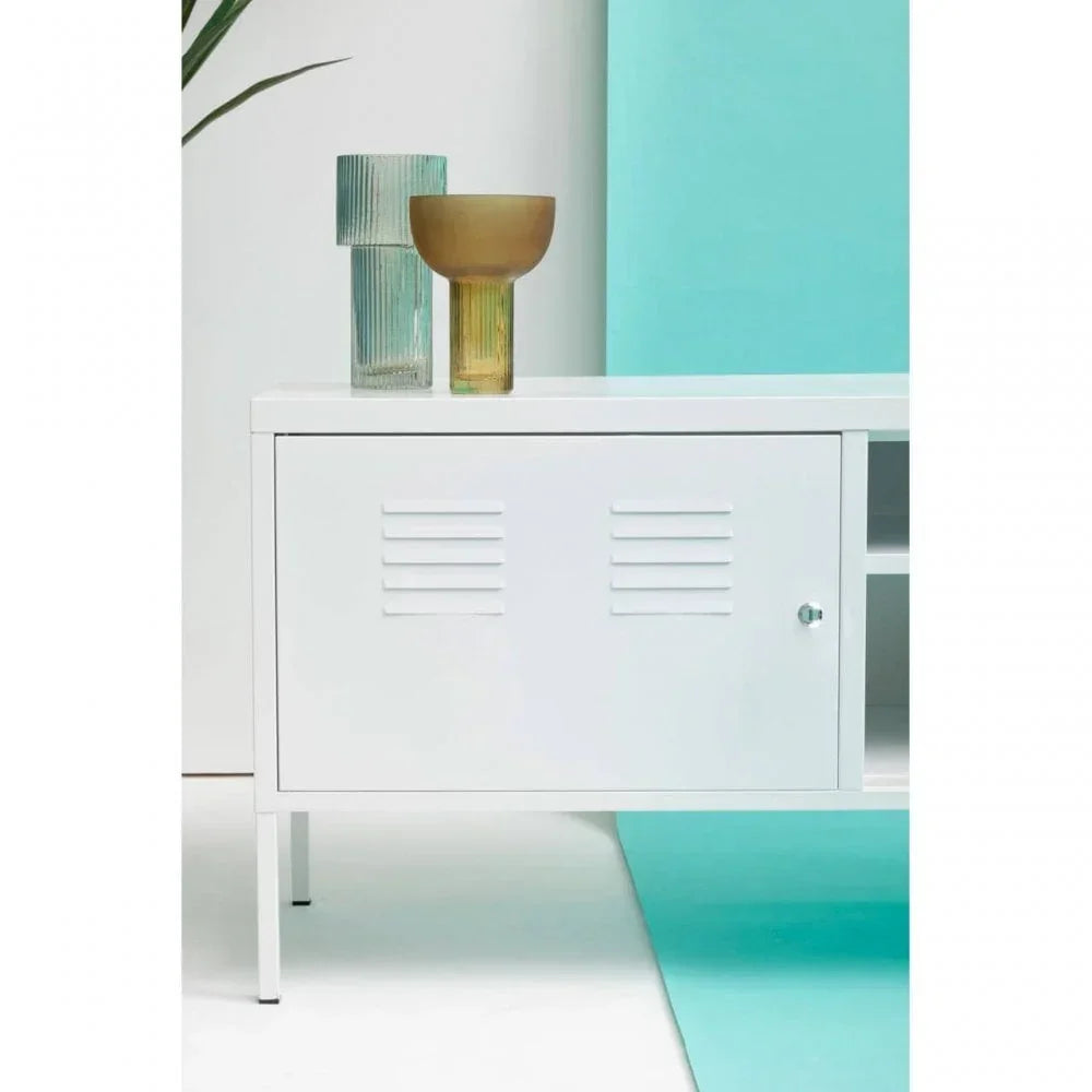 White metal sideboard cabinet with closed door and ribbed glass vases on top
