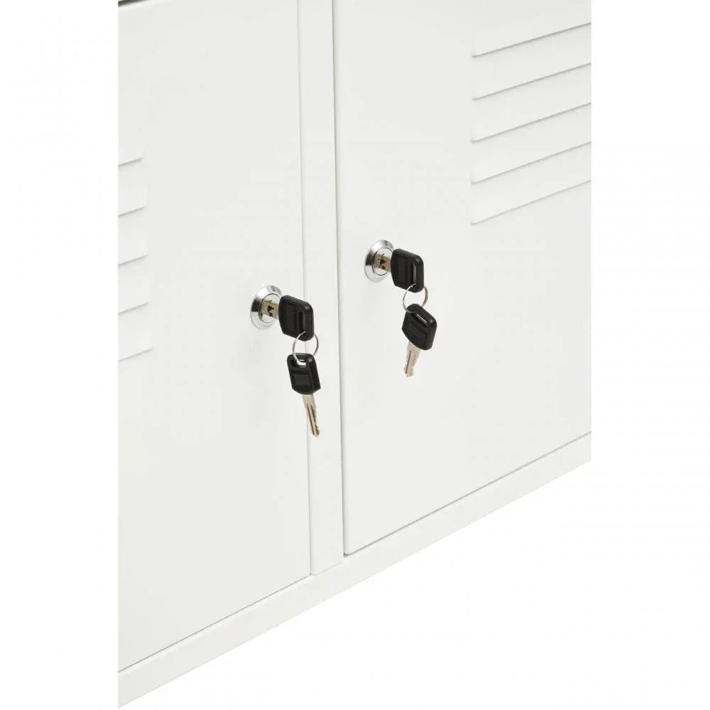 white metal storage cabinet with two doors and secure lockable keys