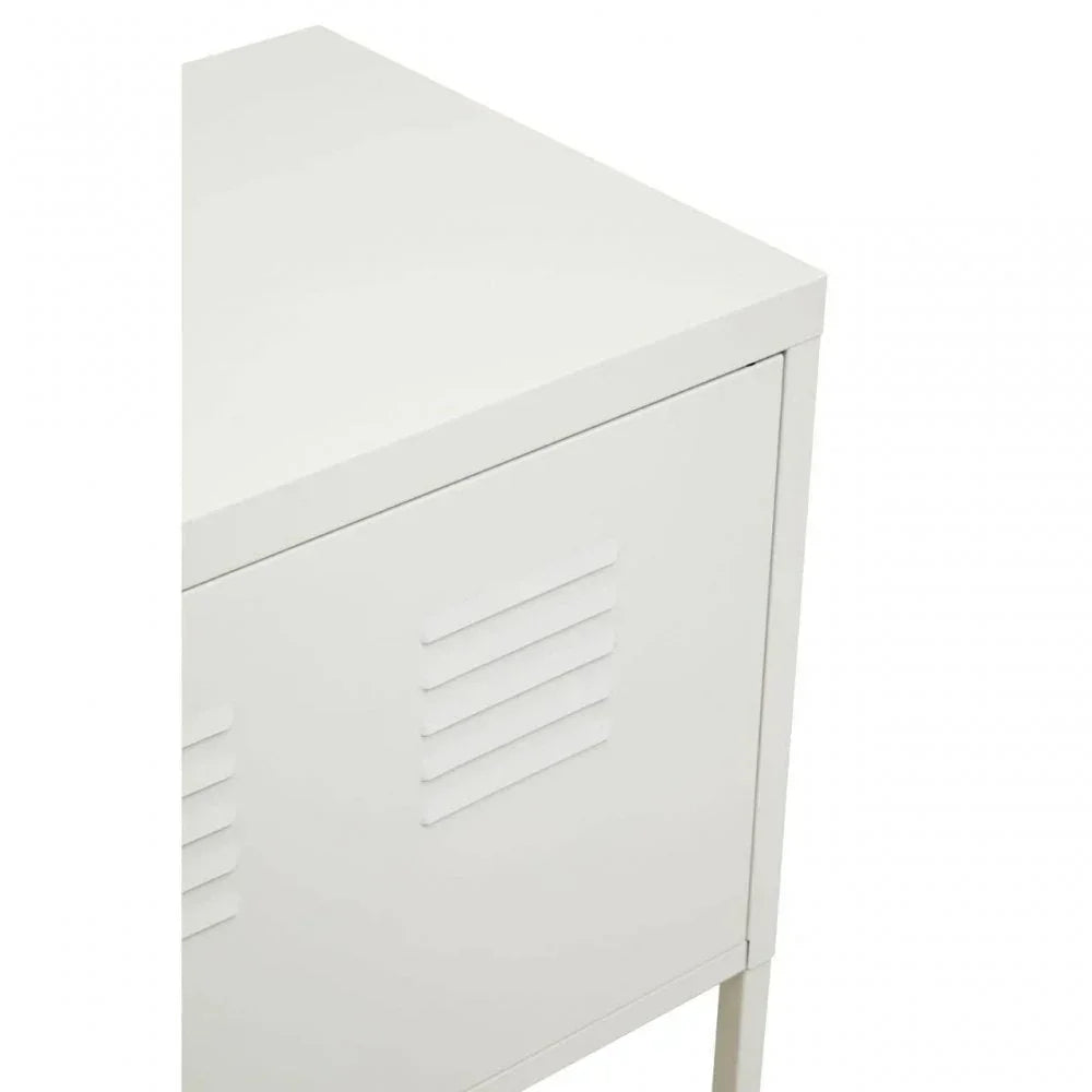 White metal locker cabinet corner with vent detail on door, close-up view