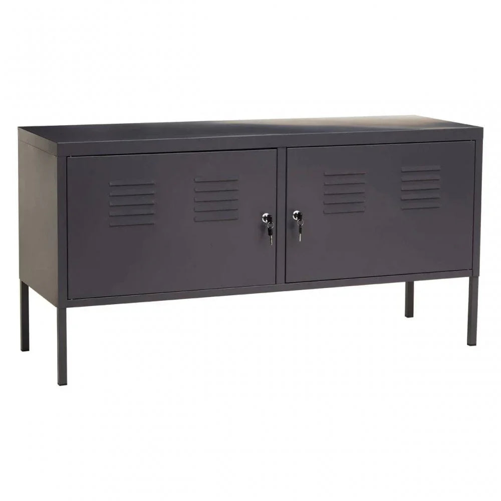 Modern black metal storage cabinet with two locking doors and ventilation slats