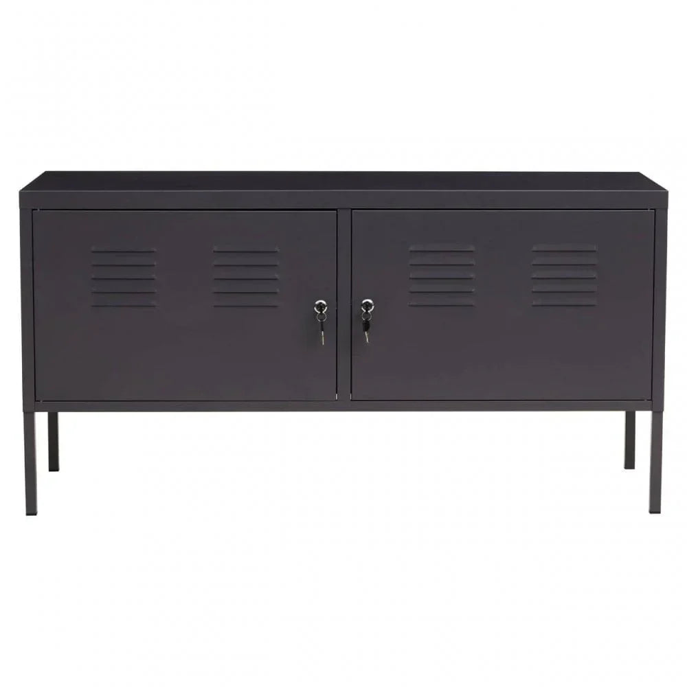 Black metal sideboard with two locking cabinet doors and ventilation slots, front view