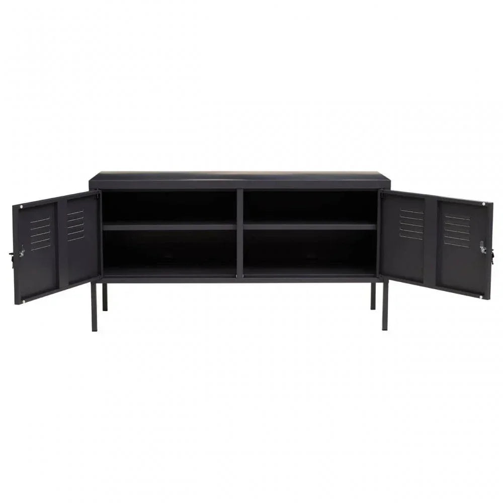 Black metal storage cabinet with open double doors showing interior shelves